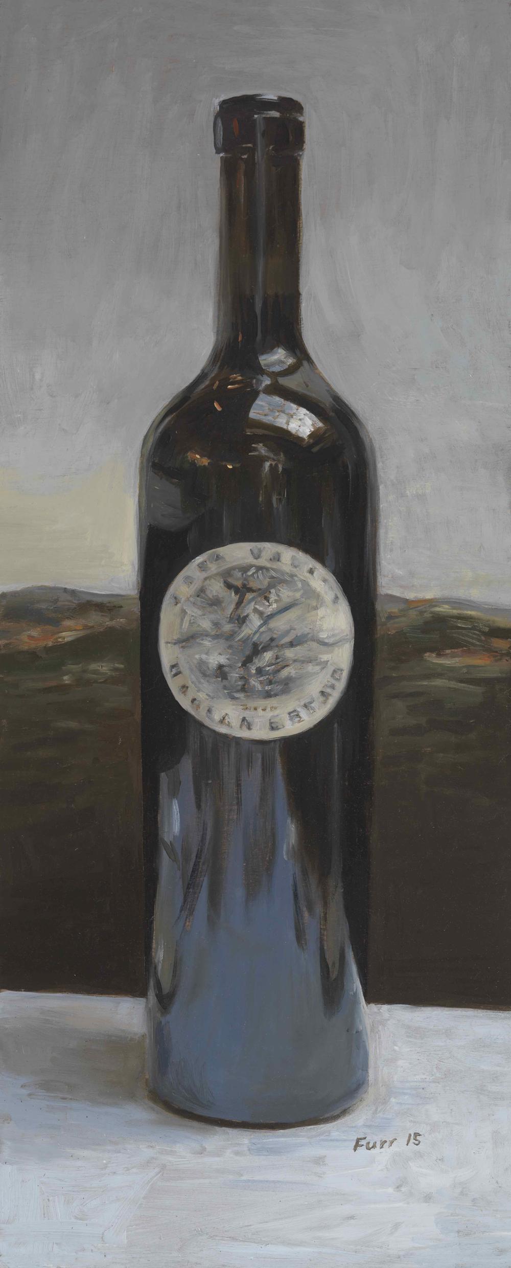 Christian Furr painting of DMG bottle of Harlan Estate wine 2015 signed by Bill Harlan