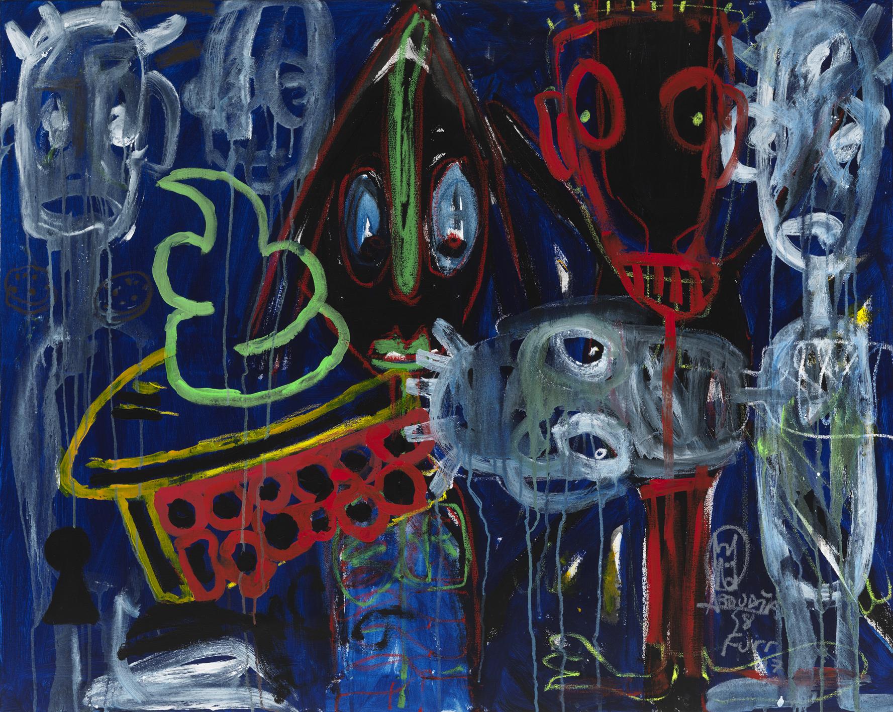 A joint painting by Christian Furr and Aboudia executed in London in 2017